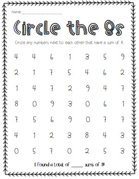 Preview of Circle the Sums (Up to 15) - addition practice, game, activity, center, rotation