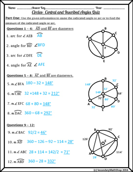 Circles - Central and Inscribed Angles Quiz by Secondary ...
