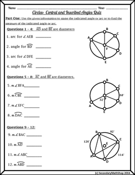 Circles - Central and Inscribed Angles Quiz by Secondary Math Shop