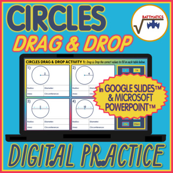 Preview of Circles Drag & Drop Digital Matching AREA, CIRCUMFERENCE, RADIUS, DIAMETER