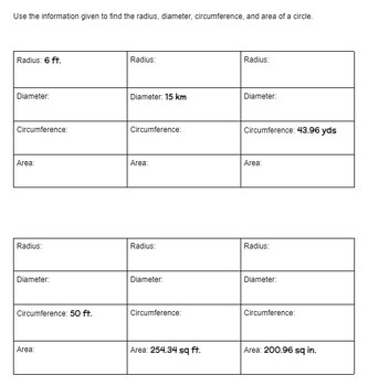 Preview of Circles Practice - Radius, Diameter, Circumference and Area