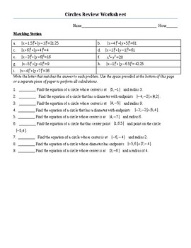 Preview of Circles Review WKS (Algebra 2 or Pre Calc Level)