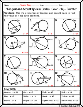 Circles - Tangent and Secant Lines in Circles Color-By-Number Worksheet
