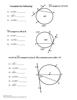 Circles Tangents Arcs Inscribed Angles Printables Practice ...