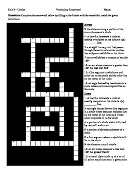 Circles Vocabulary Crossword Puzzle by Shaffer s Secondary Math Resources