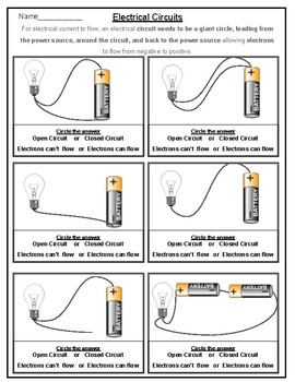 Circuit Electricity- Open or Closed Circuit Worksheet by Kimberly Odenthal