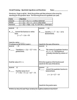 Preview of Circuit Training - Quadratic Functions and Equations (algebra)