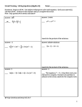 Preview of Circuit Training - Solving Equations (Algebra II  /  Precalculus level)