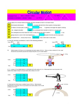 Preview of Physics - Circular Motion Worksheet - Interactive .xls Worksheet