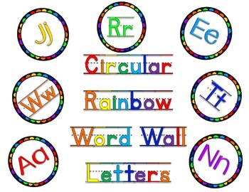 Preview of Circular RAINBOW Word Wall letters- 2 font versions (one with writing lines)
