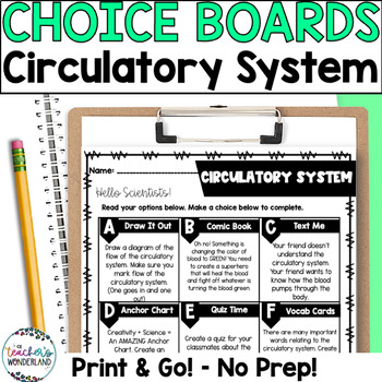 Preview of Circulatory System Science Menus - Choice Boards and Activities- 4th - 5th Grade