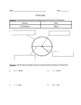Preview of Circumference & Area of Circles Quiz
