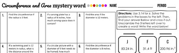 Preview of Circumference and Area Mystery Word