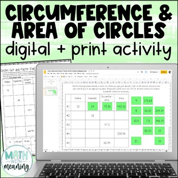 Preview of Circumference and Area of Circles Missing Measurement Digital and Print Activity