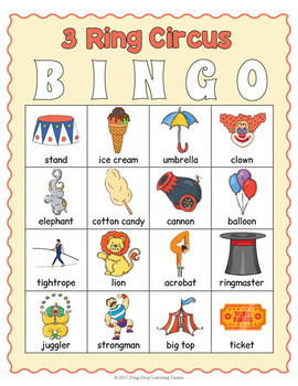 circus themed party activity bingo game with boards and vocabulary cards