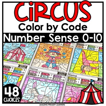 Preview of Circus Coloring Pages Carnival Kindergarten Math Color by Code Color by Number