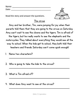 Circus Comprehension Pack by Mrs Ps Specialties | TpT