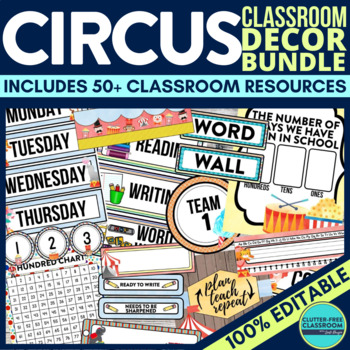 Preview of Circus Theme Classroom Decor Bundle EDITABLE printables Clutter-Free Collection