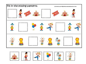 circus themed fill in the missing pattern game printable preschool game