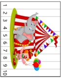Circus-themed sequence puzzle, numbers 1-10, with an elephant