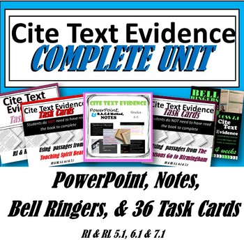 Preview of Cite Text Evidence Complete Unit Bundle : Task Cards, Bell Ringers, PowerPoint