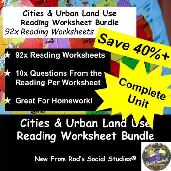 Preview of Cities & Urban Land Use Unit Reading Worksheet Bundle **Editable**