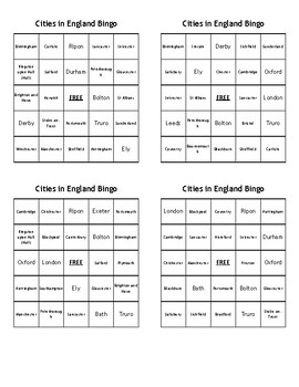 Preview of Cities in England Bingo - (80) Different Bingo Cards - Just Print, Cut, and Play