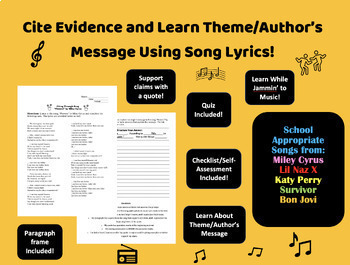 Preview of Citing Evidence and Theme/Author's Message Through Music!