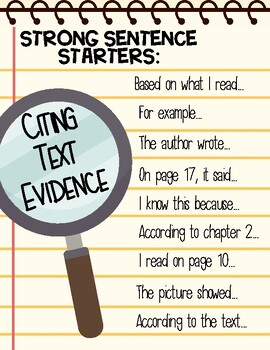 Preview of Citing Text Evidence Poster With Sentence Starters
