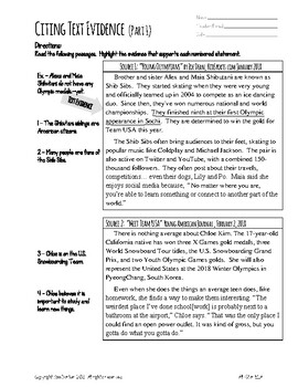 6th grade practice citing textual evidence worksheet