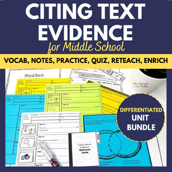 Preview of Citing Text Evidence Printable Unit BUNDLE - Vocab, Notes, Practice, Quiz