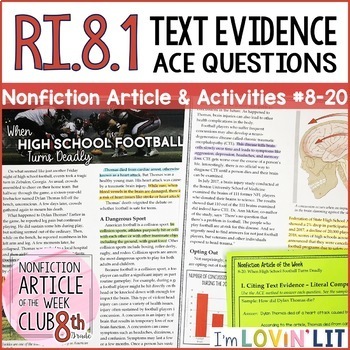 Preview of Citing Text Evidence RI.8.1 | High School Football Turns Deadly Article #8-20