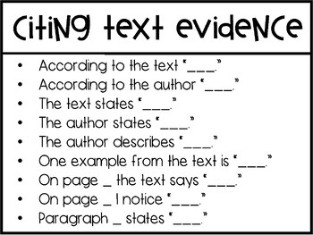 Preview of Citing Text Evidence Sentence Stem Poster
