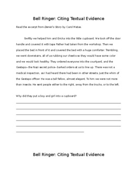 Preview of Citing Textual Evidence Entrance Ticket/Bell ringer (Two Versions)