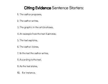 Preview of Citing and Explaining Evidence Sentence Starters