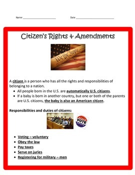 Preview of Citizen's Rights and Amendments POWERPOINT WITH NOTES