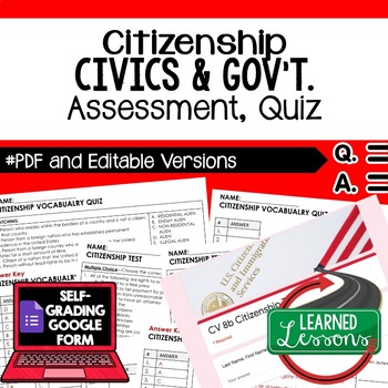 Preview of Citizenship Test & Quiz, Citizenship Assessment, Civics Assessment, Google Form