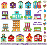 City, Town and Village Clipart with Houses, Buildings, Sch