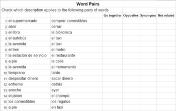 Preview of City Vocabulary Word Pairs Worksheet