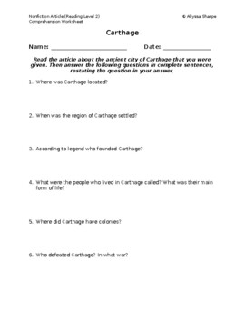 Preview of City of Carthage Article (Level 2) Comprehension Worksheet