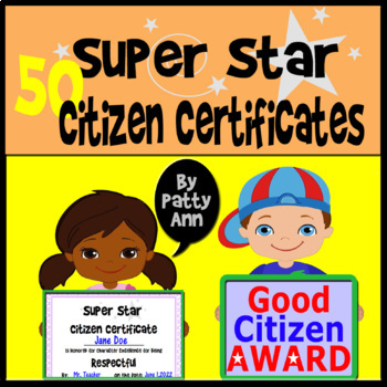 Preview of Good Citizen Citizenship Awards Certificates 50 EDITABLE Civics Character Traits