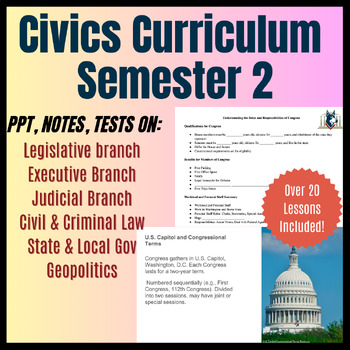 Preview of Civics Curriculum | Powerpoint, Guided Notes, Tests | Growing BUNDLE! Semester 2