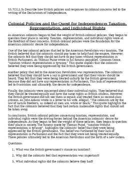 Preview of Civics: SS.7CG.1.5 - Colonial Policies text analysis