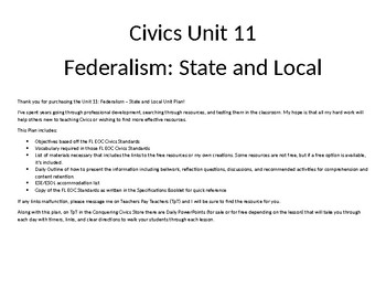 Preview of Civics Unit 11 Plan - Federalism: State and Local Governments