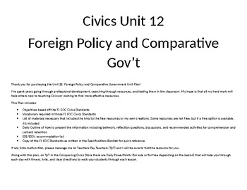 Preview of Civics Unit 12 Plan - Foreign Policy and Comparative Government
