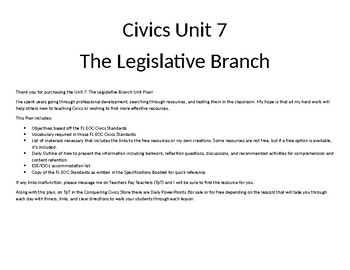 Preview of Civics Unit 7 Plan - The Legislative Branch