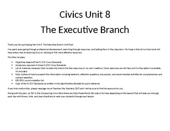 Preview of Civics Unit 8 Plan - The Executive Plan