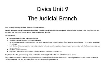 Preview of Civics Unit 9 Plan - The Judicial Branch