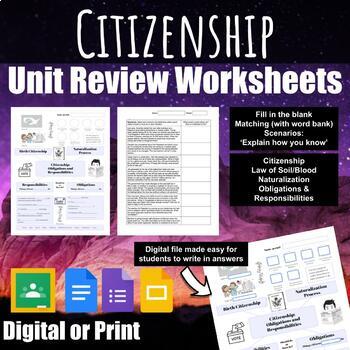 Preview of Civics Unit Review Worksheets - Citizenship