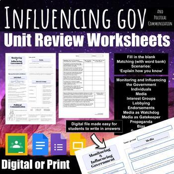 Preview of Civics Unit Review Worksheets - Monitoring and Influencing government